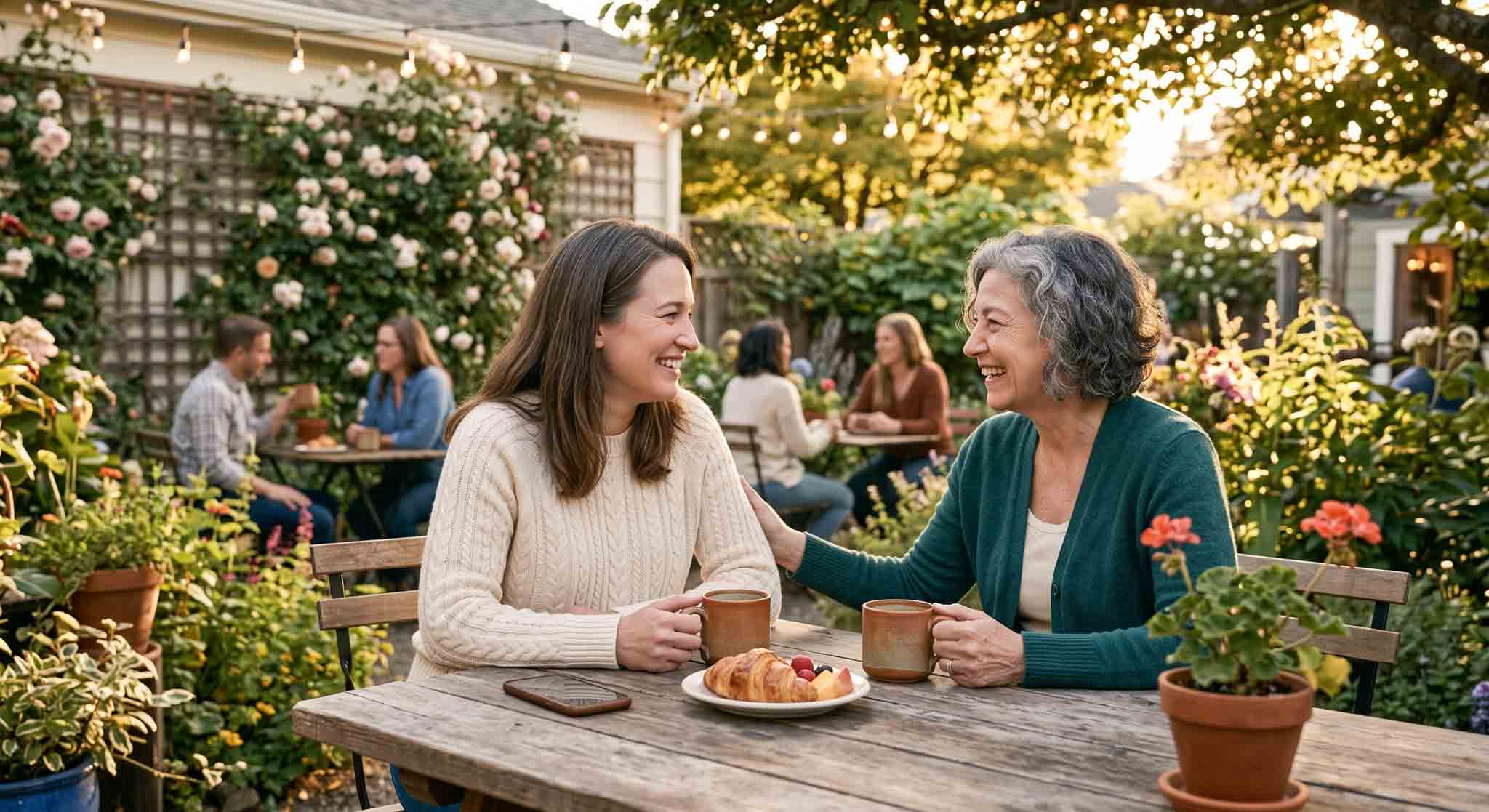 A companion sharing coffee and conversation with the person she supports at an outdoor table